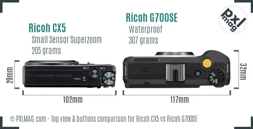 Ricoh CX5 vs Ricoh G700SE top view buttons comparison