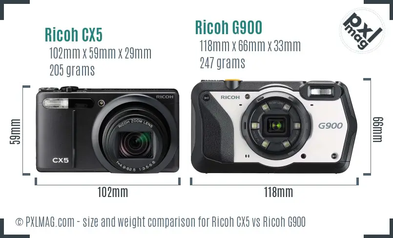 Ricoh CX5 vs Ricoh G900 size comparison