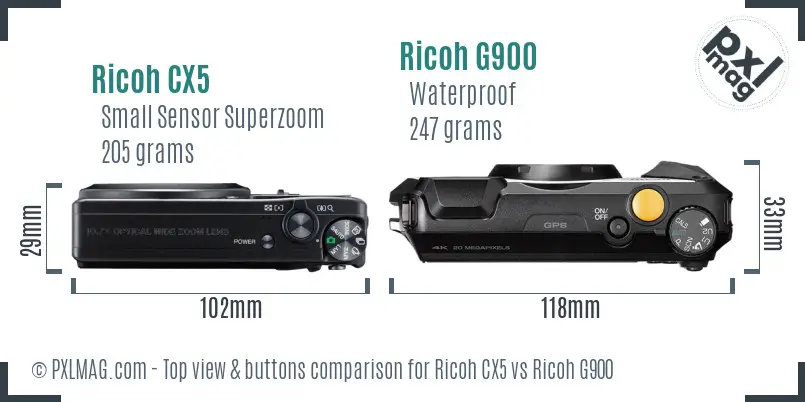 Ricoh CX5 vs Ricoh G900 top view buttons comparison