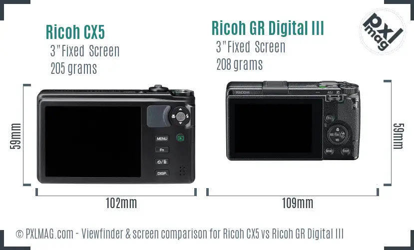 Ricoh CX5 vs Ricoh GR Digital III Screen and Viewfinder comparison
