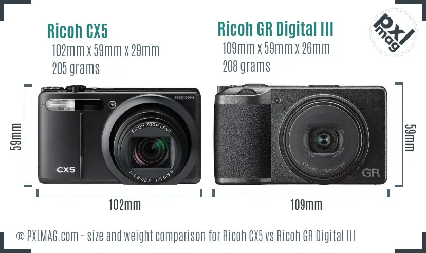 Ricoh CX5 vs Ricoh GR Digital III size comparison