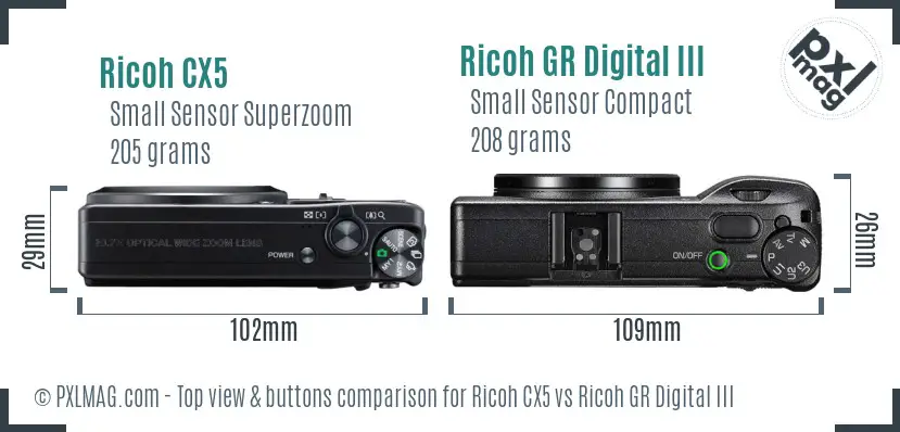 Ricoh CX5 vs Ricoh GR Digital III top view buttons comparison