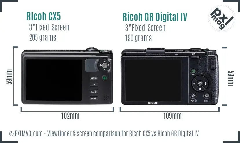 Ricoh CX5 vs Ricoh GR Digital IV Screen and Viewfinder comparison