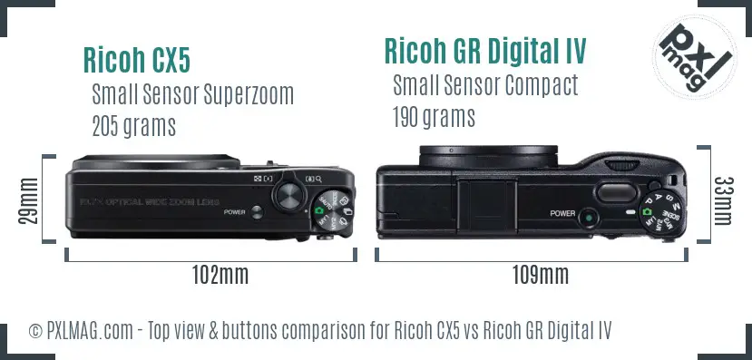 Ricoh CX5 vs Ricoh GR Digital IV top view buttons comparison