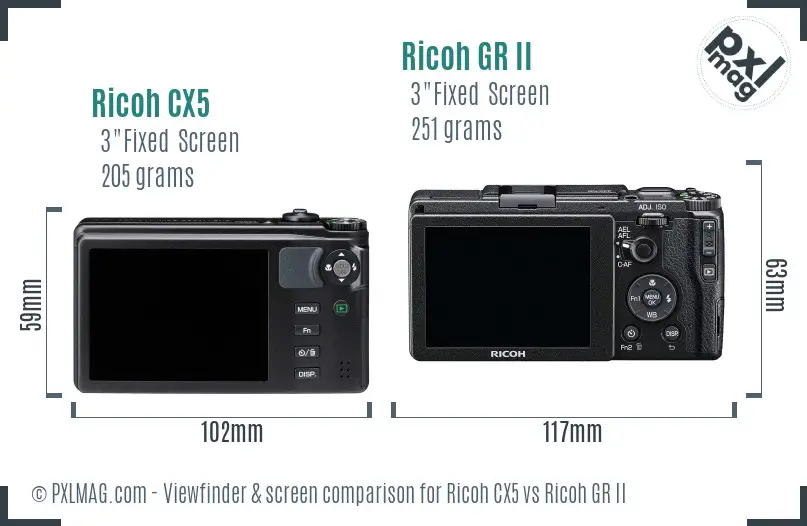 Ricoh CX5 vs Ricoh GR II Screen and Viewfinder comparison