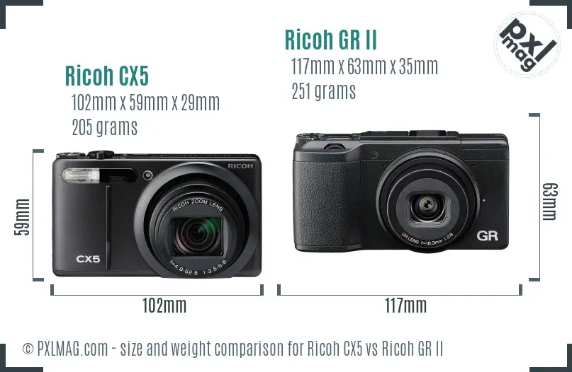 Ricoh CX5 vs Ricoh GR II size comparison
