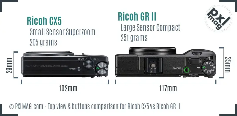 Ricoh CX5 vs Ricoh GR II top view buttons comparison