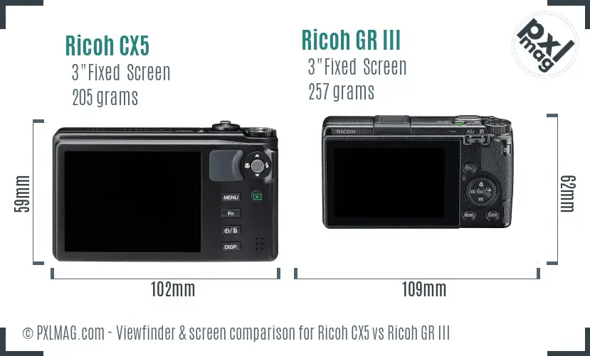 Ricoh CX5 vs Ricoh GR III Screen and Viewfinder comparison