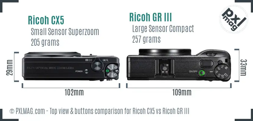 Ricoh CX5 vs Ricoh GR III top view buttons comparison