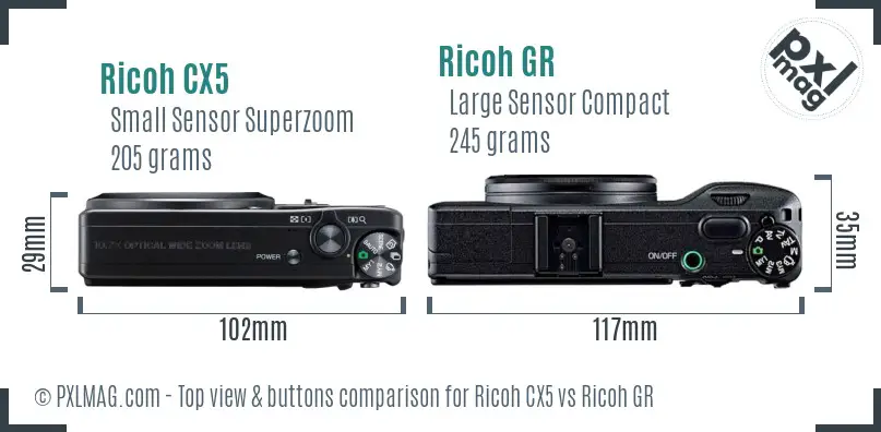 Ricoh CX5 vs Ricoh GR top view buttons comparison