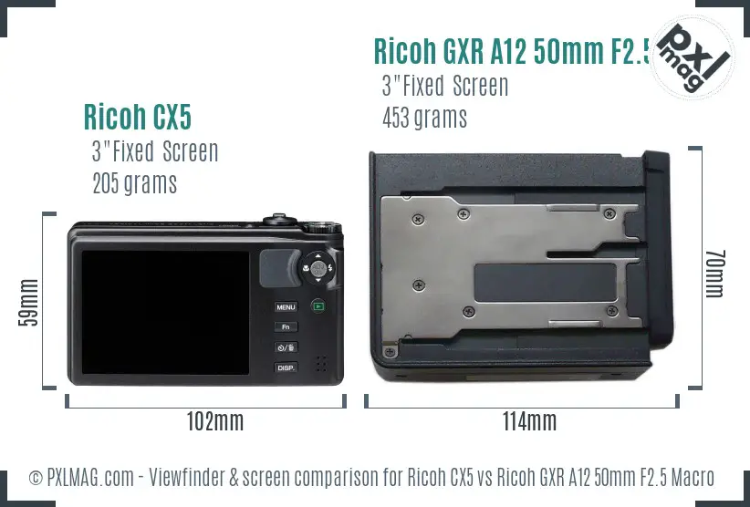 Ricoh CX5 vs Ricoh GXR A12 50mm F2.5 Macro Screen and Viewfinder comparison