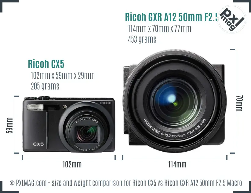 Ricoh CX5 vs Ricoh GXR A12 50mm F2.5 Macro size comparison
