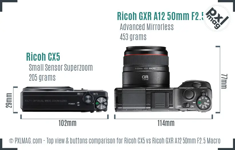 Ricoh CX5 vs Ricoh GXR A12 50mm F2.5 Macro top view buttons comparison