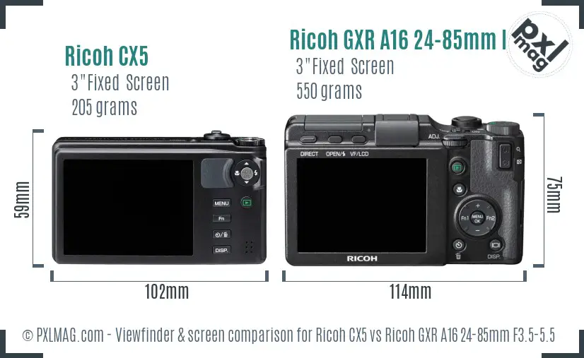 Ricoh CX5 vs Ricoh GXR A16 24-85mm F3.5-5.5 Screen and Viewfinder comparison