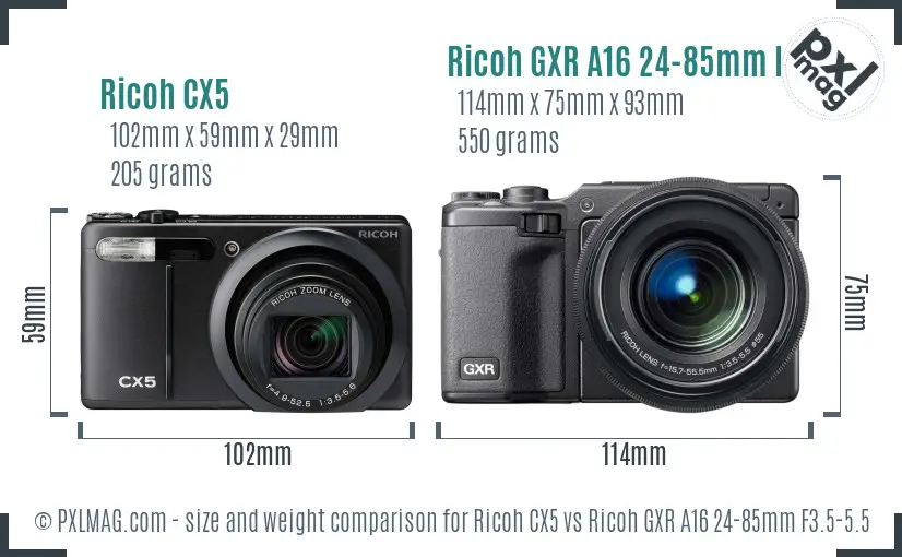 Ricoh CX5 vs Ricoh GXR A16 24-85mm F3.5-5.5 size comparison