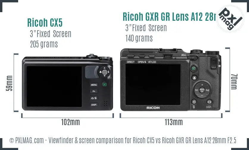 Ricoh CX5 vs Ricoh GXR GR Lens A12 28mm F2.5 Screen and Viewfinder comparison