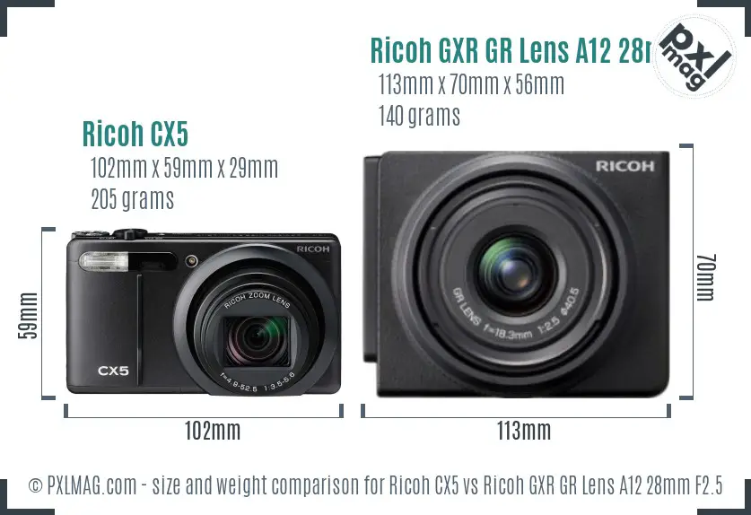 Ricoh CX5 vs Ricoh GXR GR Lens A12 28mm F2.5 size comparison