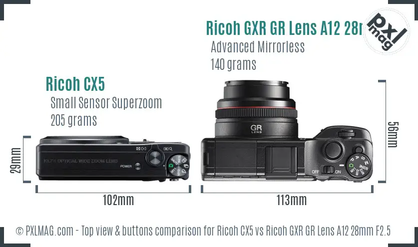 Ricoh CX5 vs Ricoh GXR GR Lens A12 28mm F2.5 top view buttons comparison