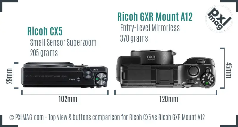 Ricoh CX5 vs Ricoh GXR Mount A12 top view buttons comparison