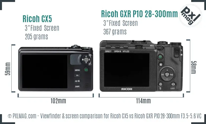Ricoh CX5 vs Ricoh GXR P10 28-300mm F3.5-5.6 VC Screen and Viewfinder comparison