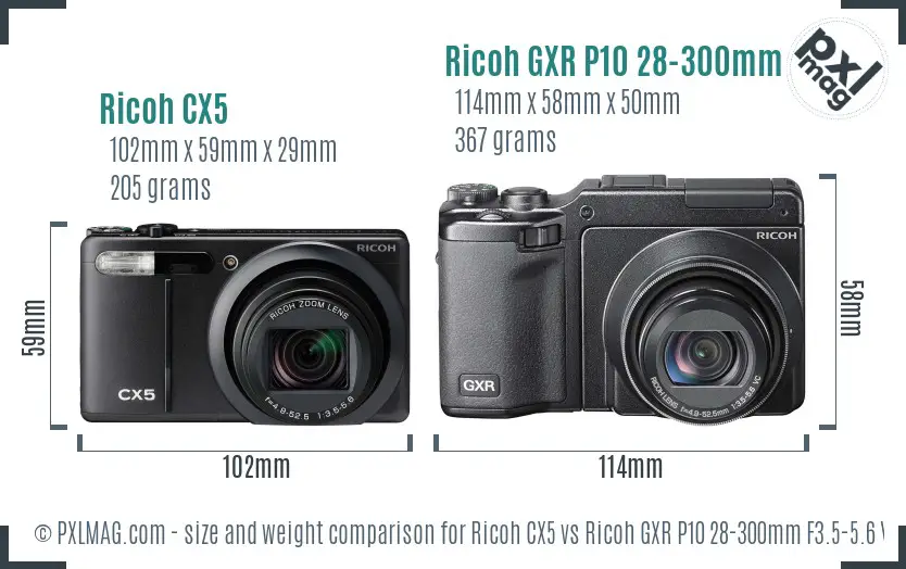 Ricoh CX5 vs Ricoh GXR P10 28-300mm F3.5-5.6 VC size comparison