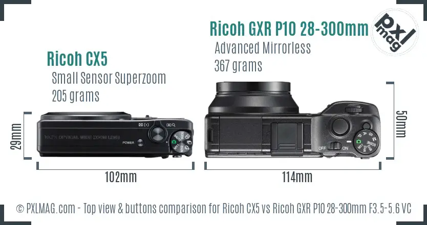 Ricoh CX5 vs Ricoh GXR P10 28-300mm F3.5-5.6 VC top view buttons comparison