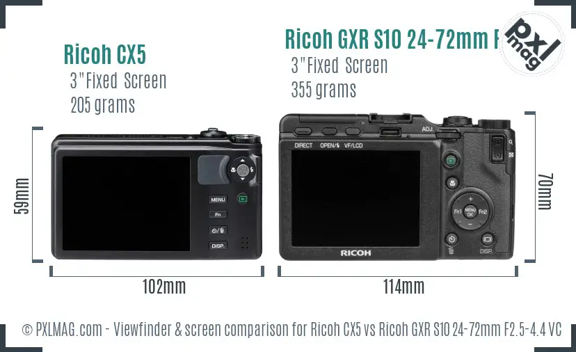 Ricoh CX5 vs Ricoh GXR S10 24-72mm F2.5-4.4 VC Screen and Viewfinder comparison