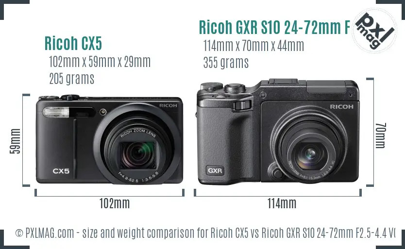 Ricoh CX5 vs Ricoh GXR S10 24-72mm F2.5-4.4 VC size comparison