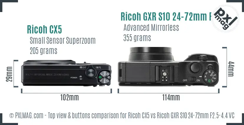 Ricoh CX5 vs Ricoh GXR S10 24-72mm F2.5-4.4 VC top view buttons comparison