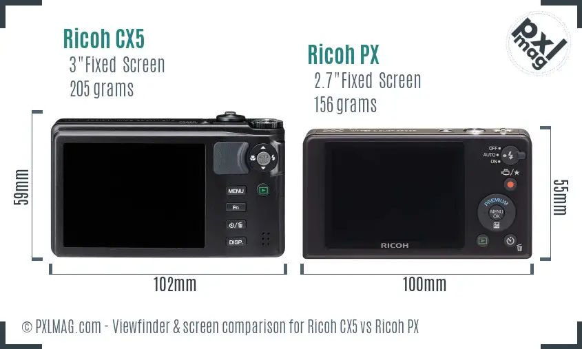 Ricoh CX5 vs Ricoh PX Screen and Viewfinder comparison