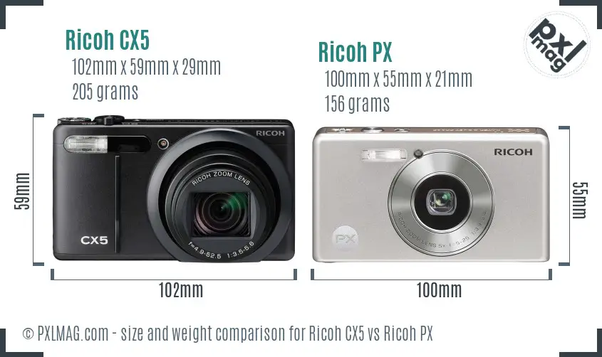 Ricoh CX5 vs Ricoh PX size comparison