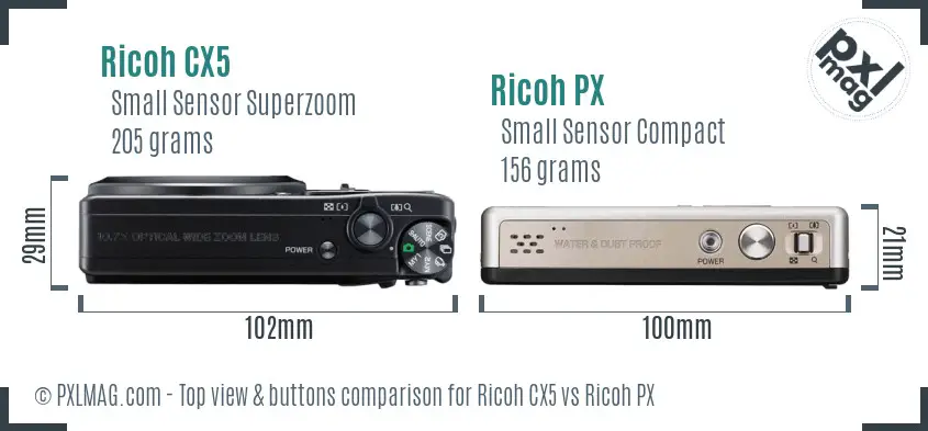 Ricoh CX5 vs Ricoh PX top view buttons comparison