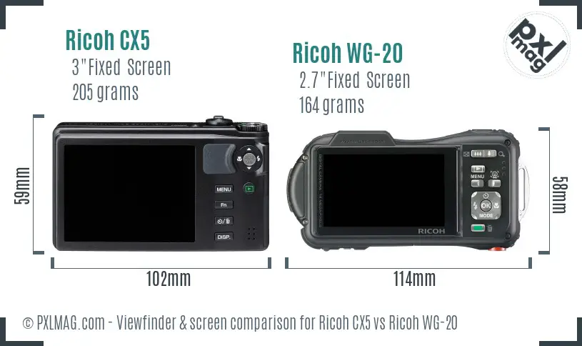 Ricoh CX5 vs Ricoh WG-20 Screen and Viewfinder comparison
