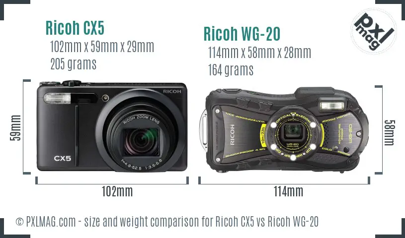 Ricoh CX5 vs Ricoh WG-20 size comparison