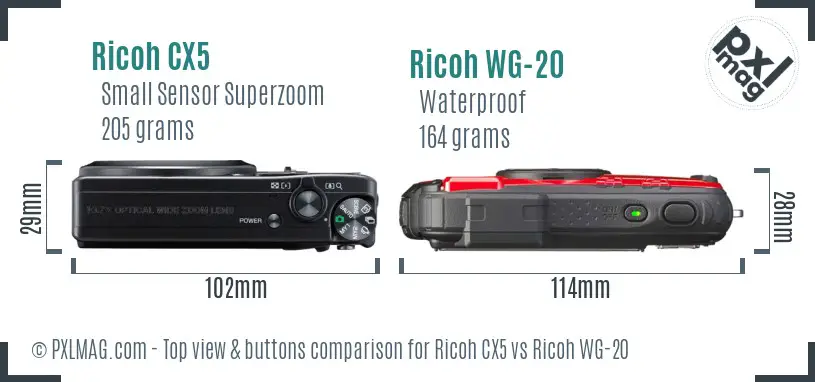 Ricoh CX5 vs Ricoh WG-20 top view buttons comparison