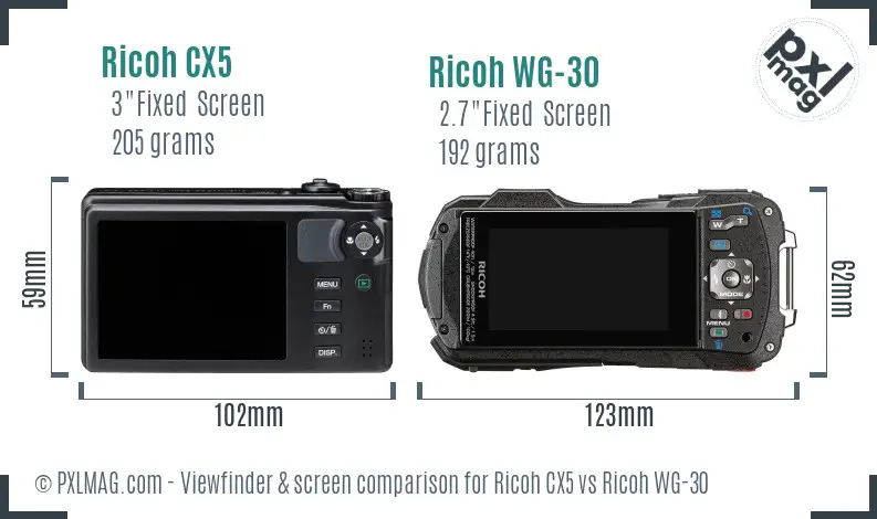 Ricoh CX5 vs Ricoh WG-30 Screen and Viewfinder comparison