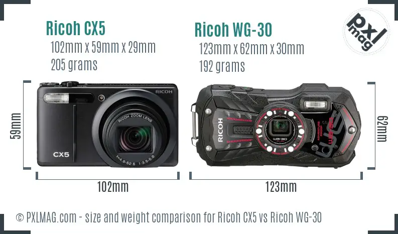 Ricoh CX5 vs Ricoh WG-30 size comparison