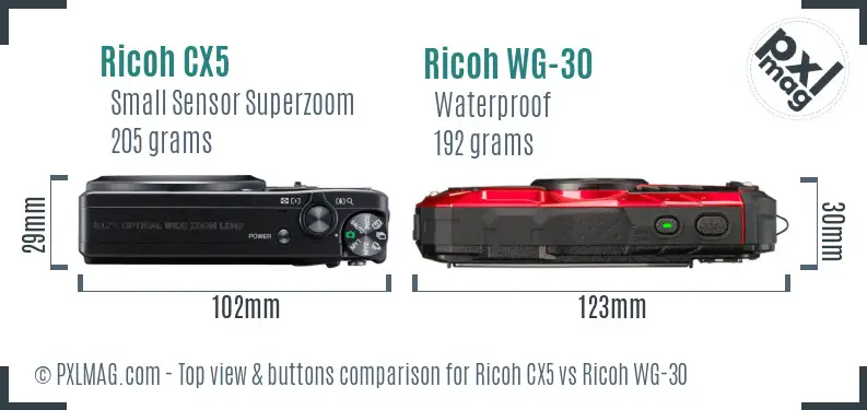 Ricoh CX5 vs Ricoh WG-30 top view buttons comparison