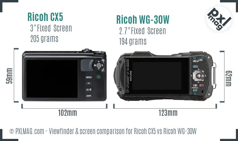 Ricoh CX5 vs Ricoh WG-30W Screen and Viewfinder comparison