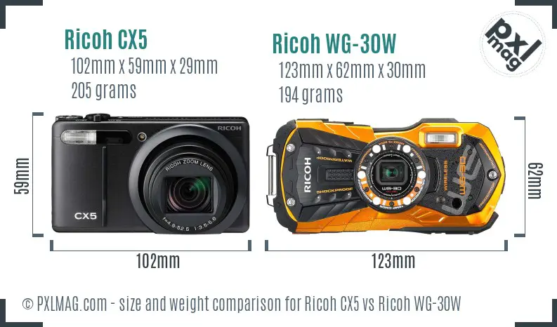 Ricoh CX5 vs Ricoh WG-30W size comparison