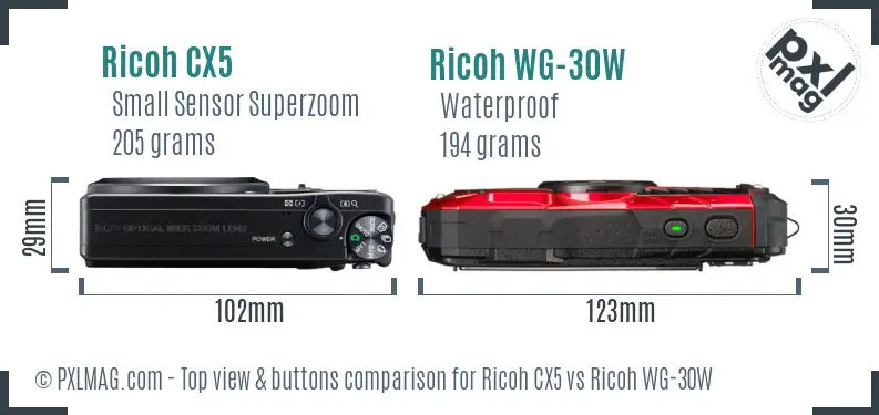 Ricoh CX5 vs Ricoh WG-30W top view buttons comparison