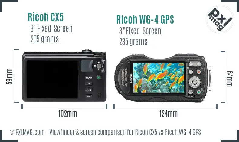 Ricoh CX5 vs Ricoh WG-4 GPS Screen and Viewfinder comparison