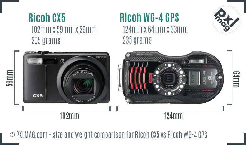 Ricoh CX5 vs Ricoh WG-4 GPS size comparison