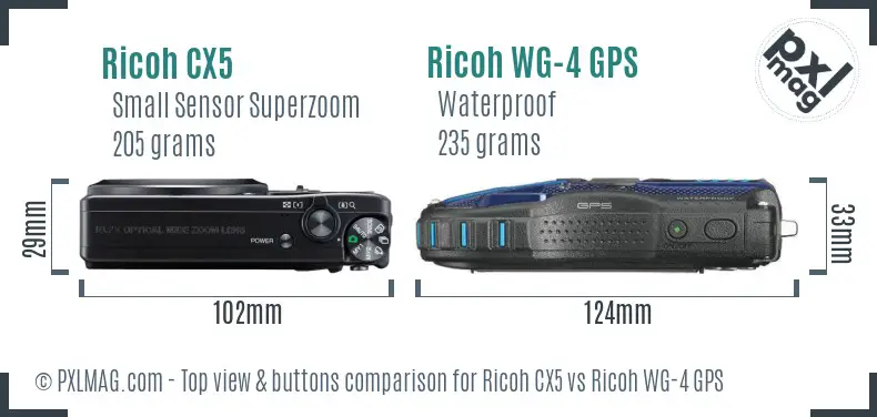 Ricoh CX5 vs Ricoh WG-4 GPS top view buttons comparison