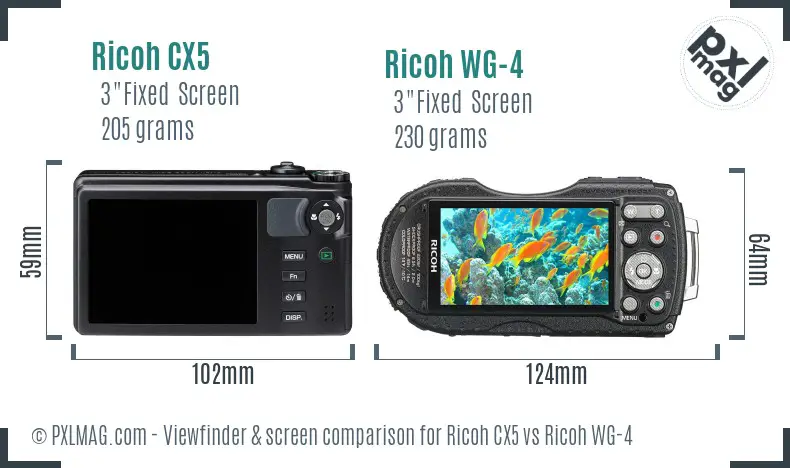 Ricoh CX5 vs Ricoh WG-4 Screen and Viewfinder comparison