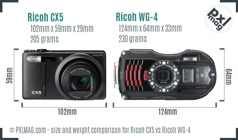 Ricoh CX5 vs Ricoh WG-4 size comparison