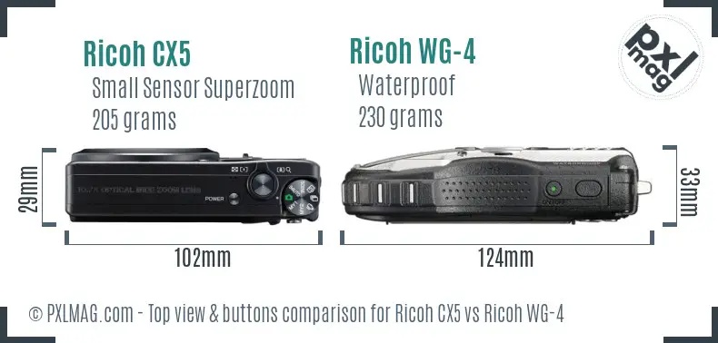 Ricoh CX5 vs Ricoh WG-4 top view buttons comparison