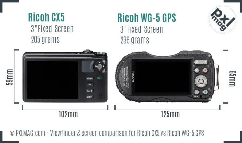 Ricoh CX5 vs Ricoh WG-5 GPS Screen and Viewfinder comparison