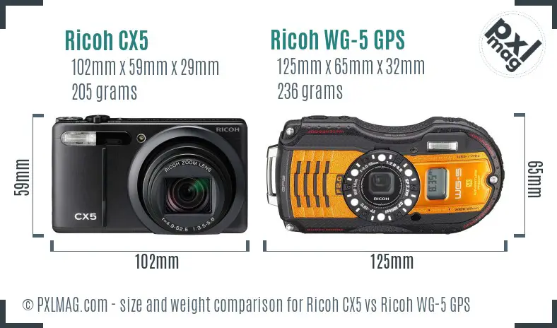 Ricoh CX5 vs Ricoh WG-5 GPS size comparison