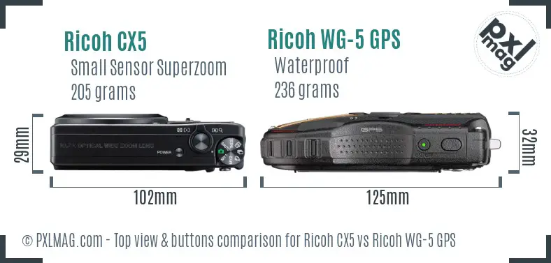 Ricoh CX5 vs Ricoh WG-5 GPS top view buttons comparison